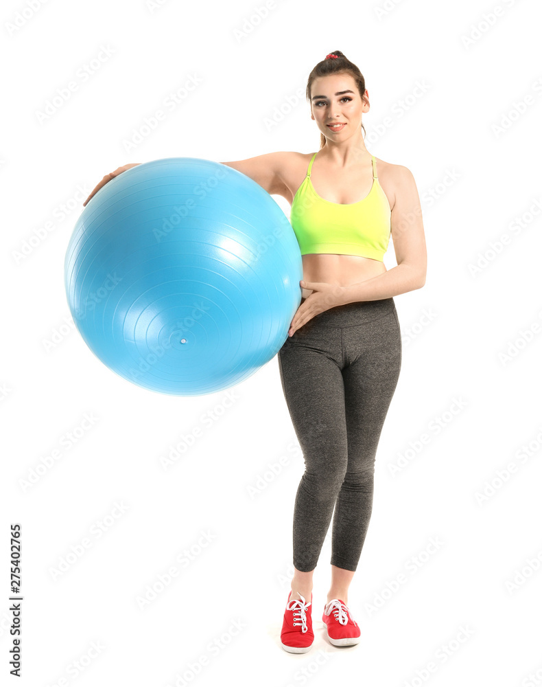 Young sporty woman with fitball on white background Young sporty woman with fitball on white background