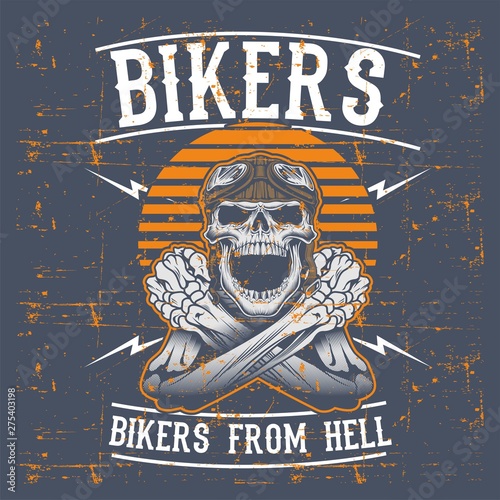 grunge style skull bikers wearing retro helmet hand drawing vector