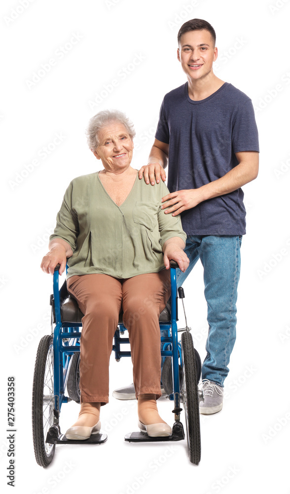 Happy man with grandmother on white background Happy man with grandmother on white background