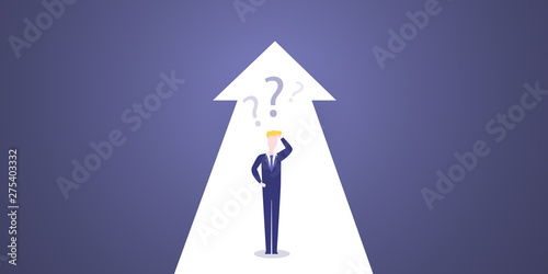 Choice, Way, Direction Design Concept - Decisions, Businessman Choosing, Deciding the Next Step - Man Standing in Front of an Arrow, Vector Illustration