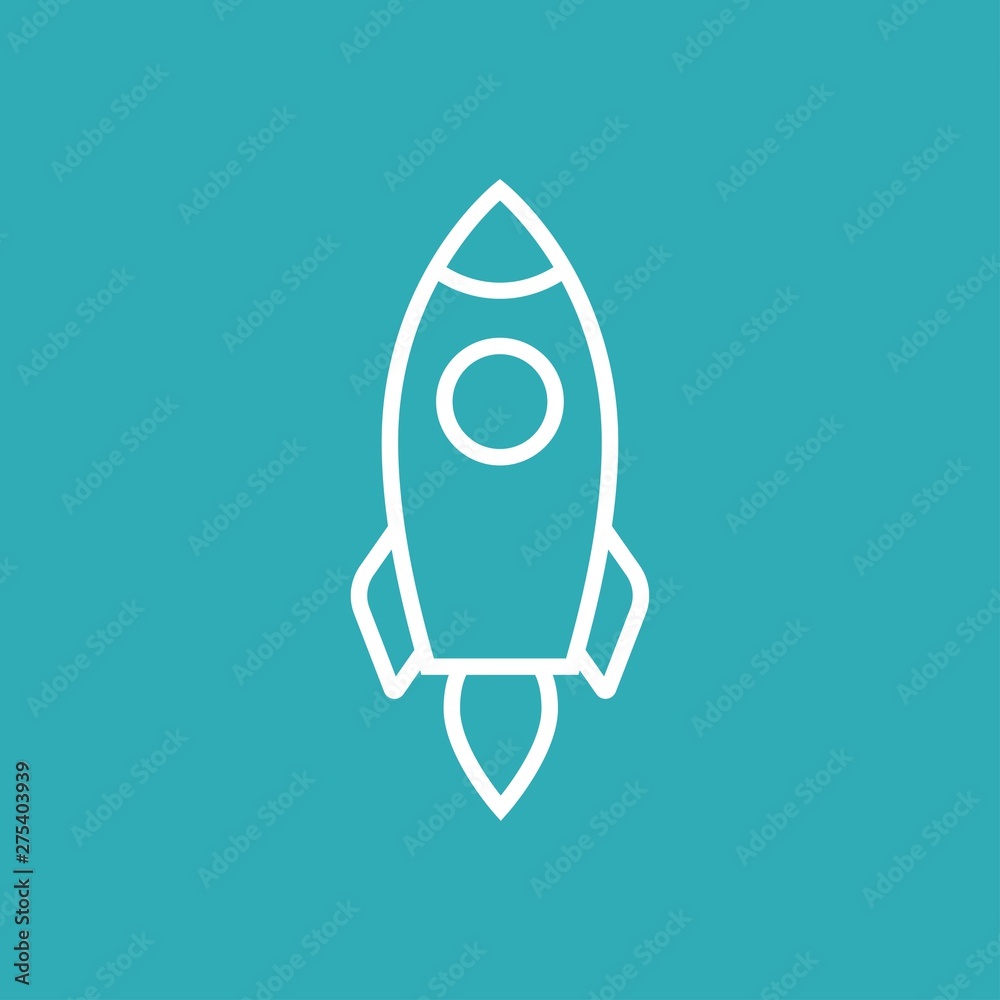 Rocket ship with fire. Isolated on blue. Flat line icon. Vector illustration with flying rocket. Rocket ship with fire. Isolated on blue. Flat line icon. Vector illustration with flying rocket.