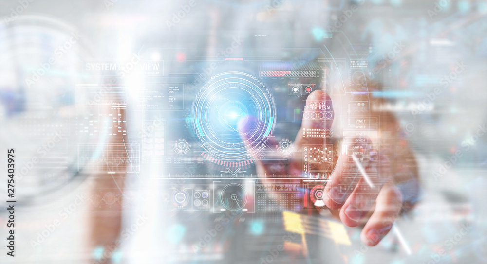 Businessman using digital technological interface with datas 3D rendering Businessman using digital technological interface with datas 3D rendering