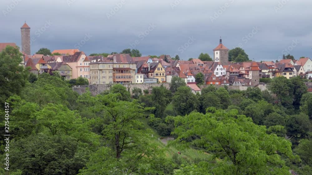 ROTHENBURG OB DER TAUBER, GERMANY - JUNE 12 , 2019: Southern view of Rothenburg from the castle garden. Zoom out ROTHENBURG OB DER TAUBER, GERMANY - JUNE 12 , 2019: Southern view of Rothenburg from the castle garden. Zoom out