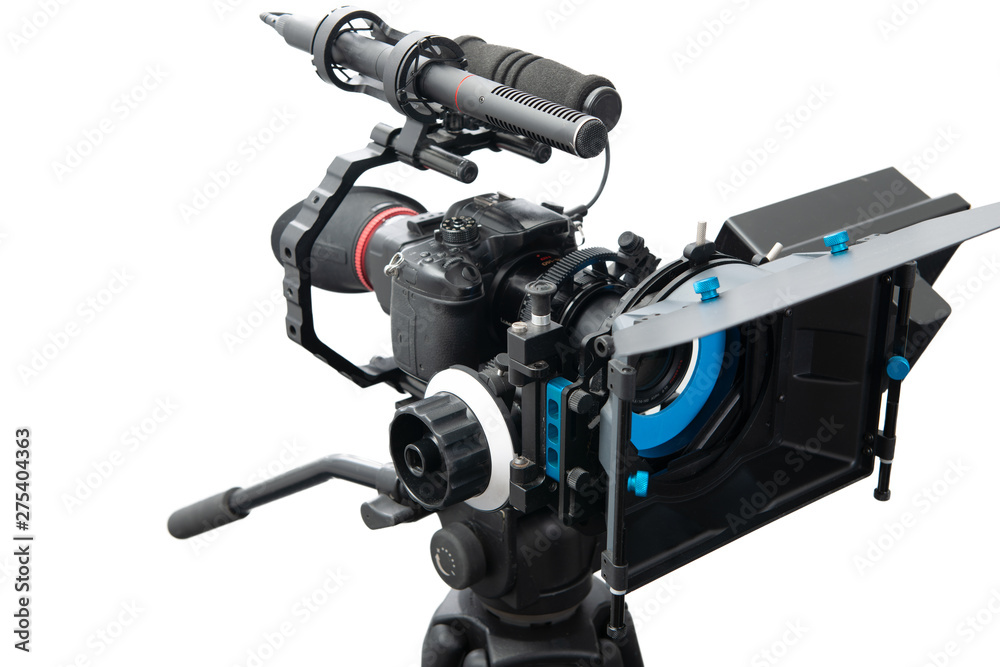 slr video camera rig isolated on white background