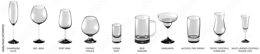 3D illustration of big set of various glasses for strong alcohol drinks and cocktails isolated on white, side-top view - drinking glass render 3D illustration of big set of various glasses for strong alcohol drinks and cocktails isolated on white, side-top view - drinking glass render