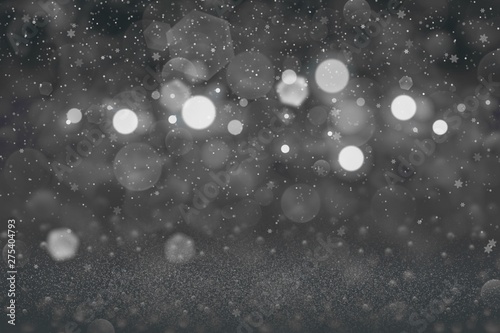 pretty shiny glitter lights defocused bokeh abstract background with falling snow flakes fly, festive mockup texture with blank space for your content