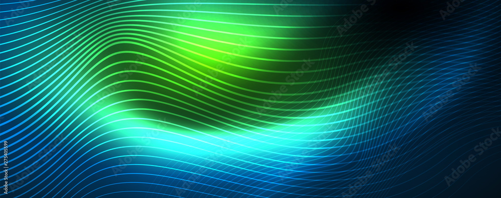 Smooth wave lines on blue neon color light background. Glowing abstract wave on dark, shiny motion, magic space light Smooth wave lines on blue neon color light background. Glowing abstract wave on dark, shiny motion, magic space light