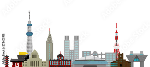 Tokyo skyline flat vector illustration. Tokyo landmark buildings.