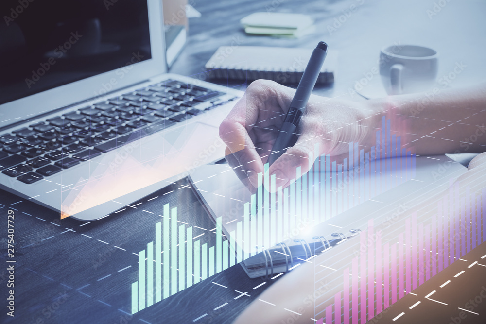 Forex chart displayed on woman's hand taking notes background. Concept of research. Double exposure