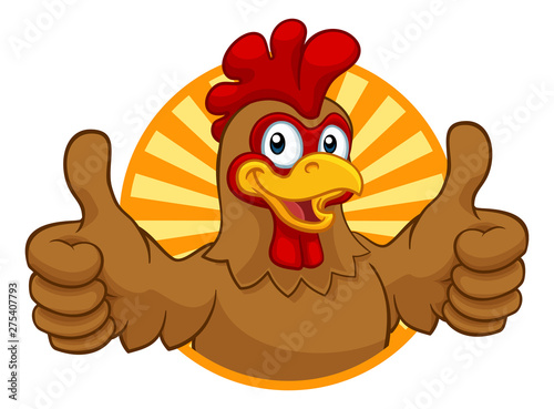 A chicken cartoon rooster cockerel character mascot giving a thumbs up.