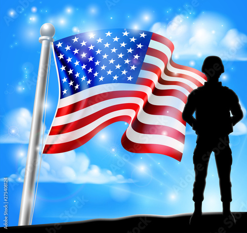 A patriotic soldier standing in front of an American flag background concept photo