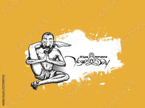 Yoga Guru Baba yoga pose, 21st june international yoga day. Hand Draw Sketch Vector Illustration.
