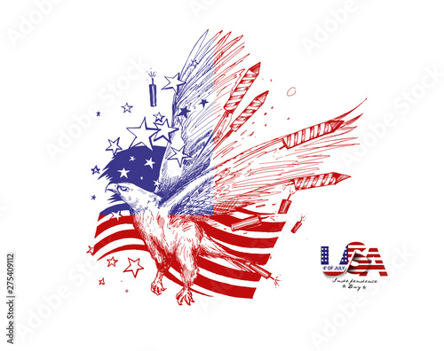 4th of July - American Flag with eagel Independence Day, Hand Drawn Sketch Vector illustration.
