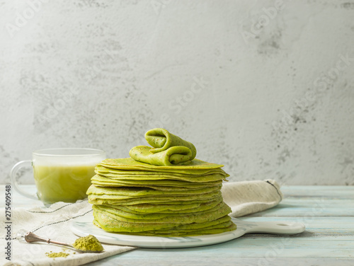 Matcha green tea with matcha green crepes