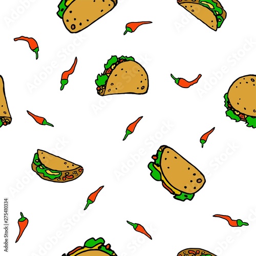 Taco and chili pepper seamless pattern