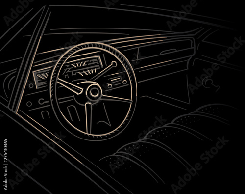 Retro car interior drawing on dark background. Vector. 