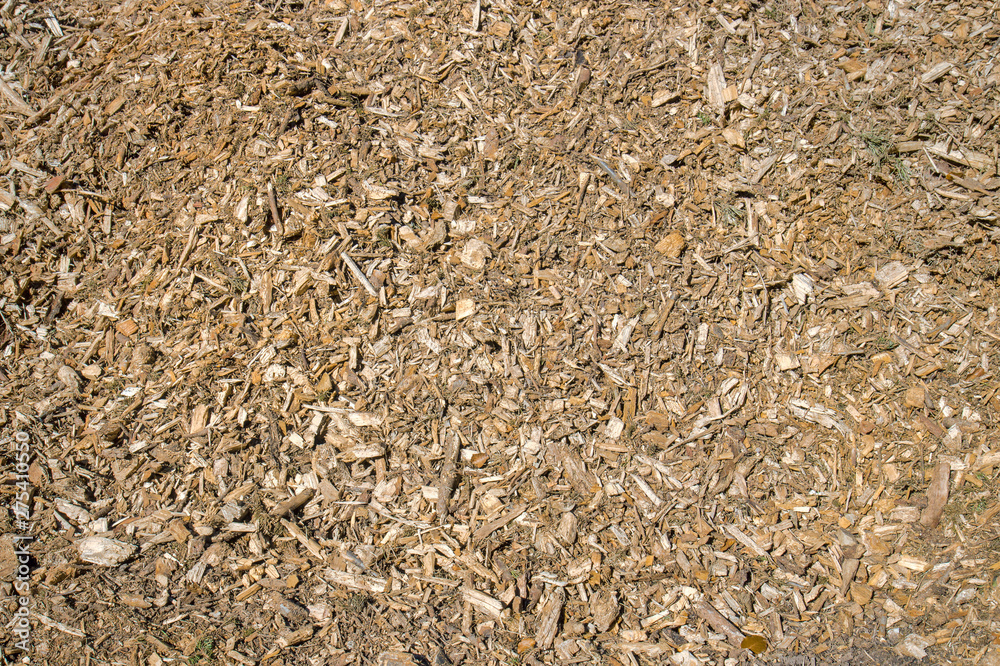 woodchips texture, horizontal background image of small pieces of wood used as a biomass