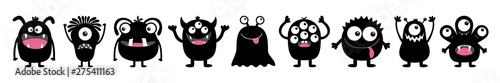 Monster black round silhouette icon set line. Happy Halloween. Eyes, tongue, tooth fang, hands up. Cute cartoon kawaii scary funny baby character. White background. Flat design.