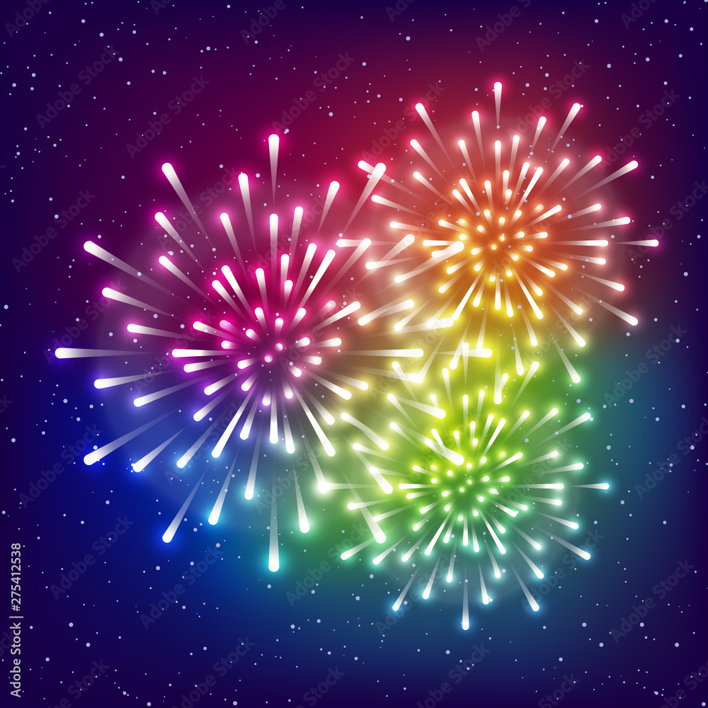 Shiny rainbow fireworks on starry sky background for Your holiday