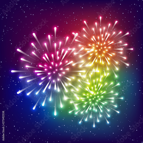Shiny rainbow fireworks on starry sky background for Your holiday design