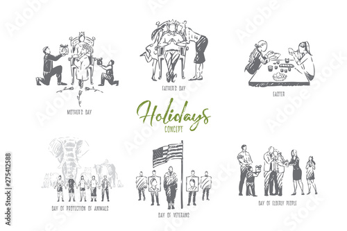 Holidays, easter, mother, father, animal protection, veterans and elderly people days concept sketch