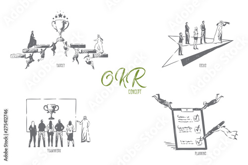OKR, target, focus, teamwork, planning concept sketch