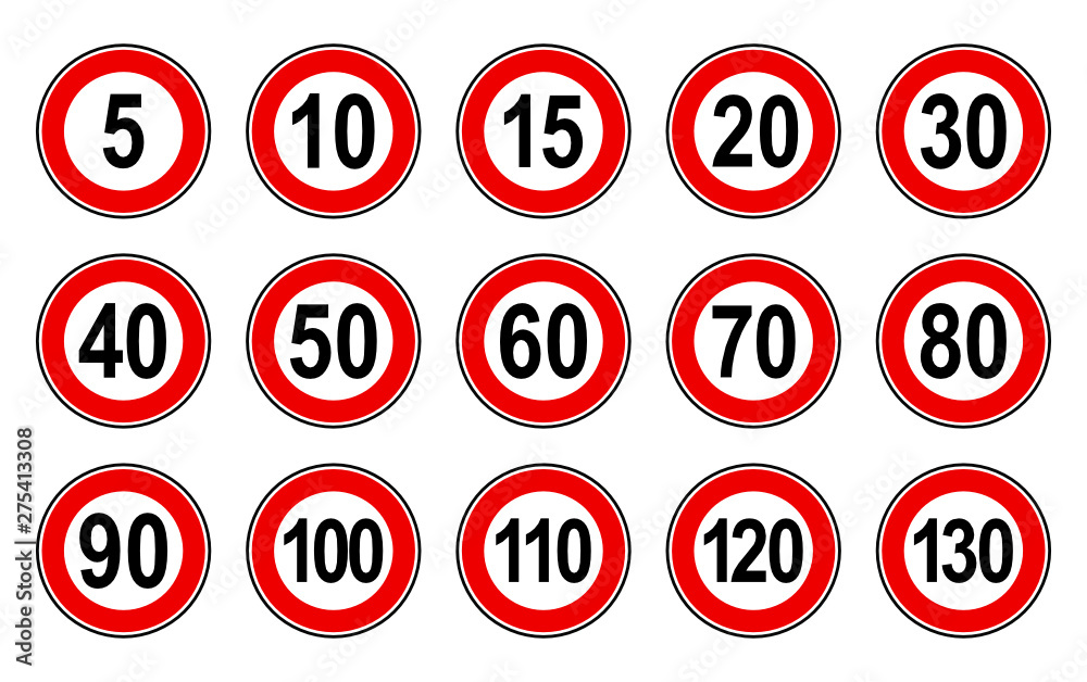 Vector high quality flat style collection set of generic speed limit signs with black number and red circle - usable for metaphor communication in business field
