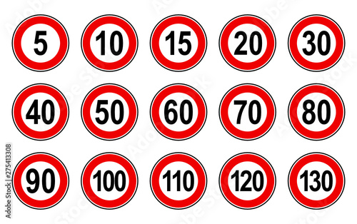 Vector high quality flat style collection set of generic speed limit signs with black number and red circle - usable for metaphor communication in business field