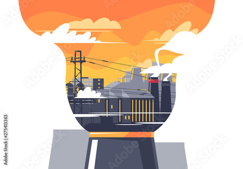 Vector illustration of air pollution industry, production emit gases into the air, the pattern of factory buildings on the background of smoke coming from the pipe