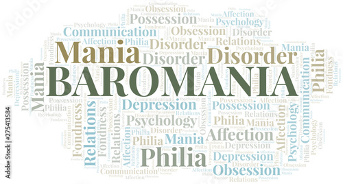 Baromania word cloud. Type of mania, made with text only.