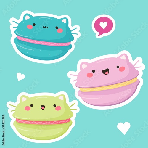 Hand drawn vector illustration of a kawaii funny macarons with cat earsand face. Isolated objects on background. macaroon cakes. Design for cafe menu, children print, sticker, poster