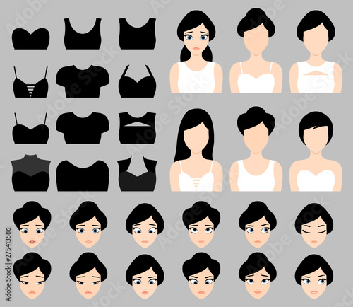 Beautiful brunette vector girl constructor set with clothes, hairstyles and facial expressions. Character design vector isolated elements, interchangeable and full editable 