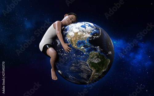 3d illustration of a boy hugging globe. Green world, environment, save the world concept, I love my planet.