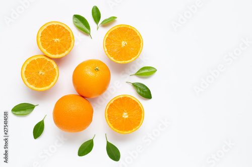 Fresh orange citrus fruit with leaves isolated on white background.