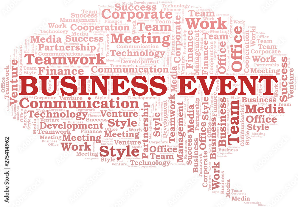 Business Event word cloud. Collage made with text only.