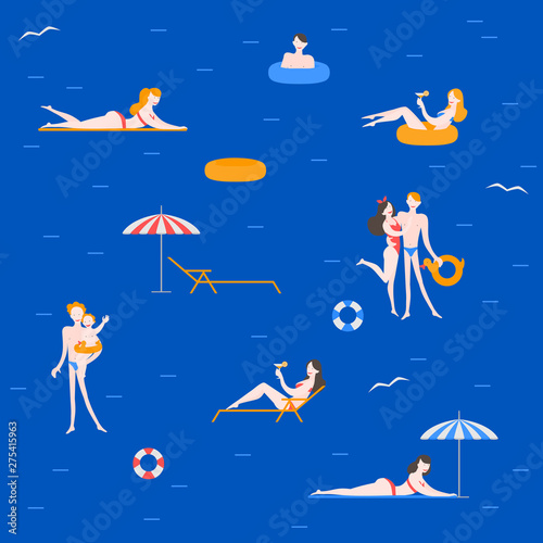 Young friends on the sea resort pattern. Woman in underwear with cocktails relax in chaise lounge. People sunbathing on summer vacation in swimsuits. Happy Couple on the beach. Travel activity