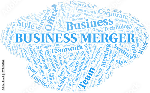 Business Merger word cloud. Collage made with text only.