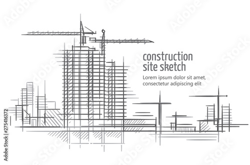 Construction site sketch. Text outlined and only for preview. Vector. 