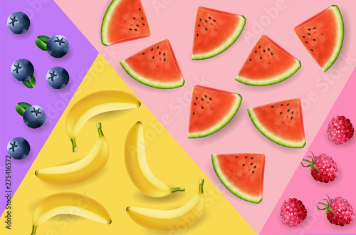 Watermelon, bananas and berry abstract pattern Vector realistic. 3d detailed ...