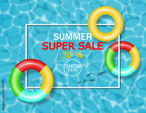 Summer pool and lifering Vector realistic. Commercial banner sale template. 3...