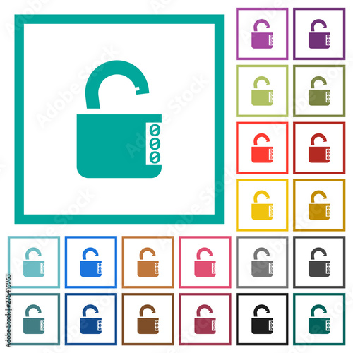 Unlocked combination lock with side numbers flat color icons with quadrant frames