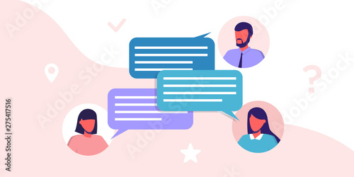 Speech bubbles for comment anf reply concept flat vector illustration of young people using mobile messenger for texting and leaving comments in social networks. People in business clothes talking
