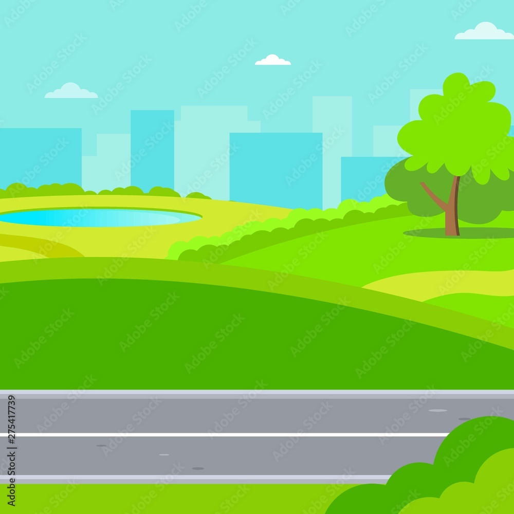 Fototapeta premium City park with a lawn and trees flat style. Green park with plant environmental and lush grass on a background of town with skyscrapers high buildings. Vector illustration