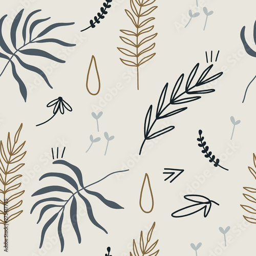 Seamless childish pattern with hand drawn abstract leaves and shapes. Creative scandinavian kids fabric, wrapping texture, textile, wallpaper, home apparel. Vector illustration.