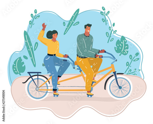 Man and woman ride on bicycle.