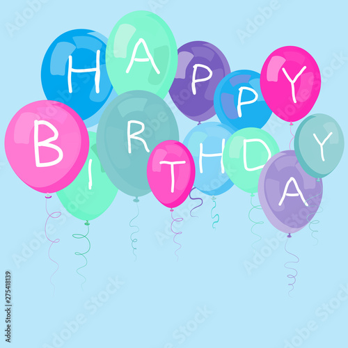 Colorful party balloons flying up. Happy birthday. Vector illustration on blue background