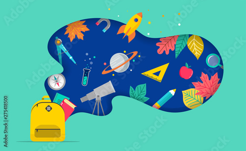 Back to school, backpack with speech bubble and many education icons, elements. Vector concept design