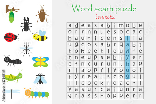 Word search puzzle for children, insect theme, fun education game for kids, preschool worksheet activity, vector illustration