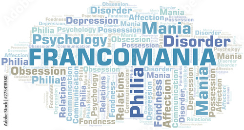 Francomania word cloud. Type of mania, made with text only.