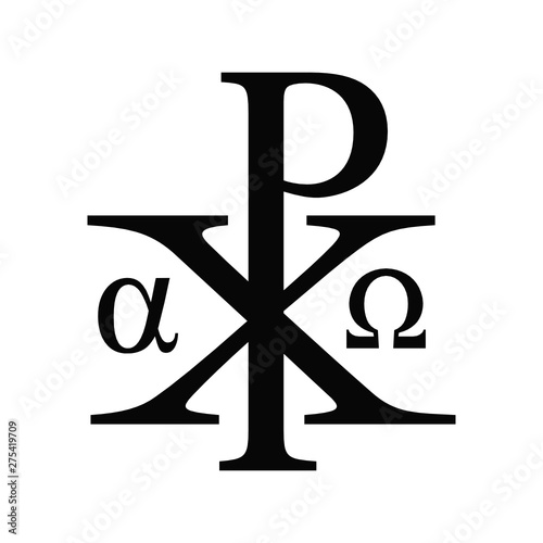 Vector illustration of the christian sacred Chi Rho symbol- Alpha and Omega version. Christ black monogram icon isolated on white background